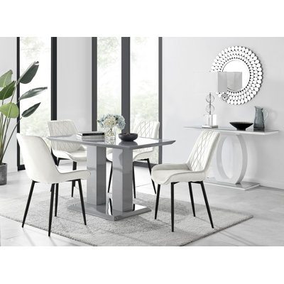 Eubanks High Gloss Double Pillar Dining Table Set with 4 Luxury Velvet Upholstered Dining Chairs