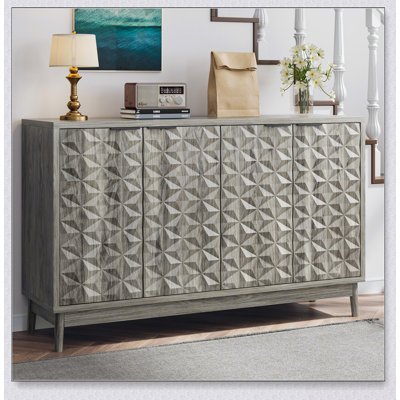 Buffet de style moderne avec 4 portes en relief en forme de losange, tablettes réglables pour un rangement polyvalent et un design élégant