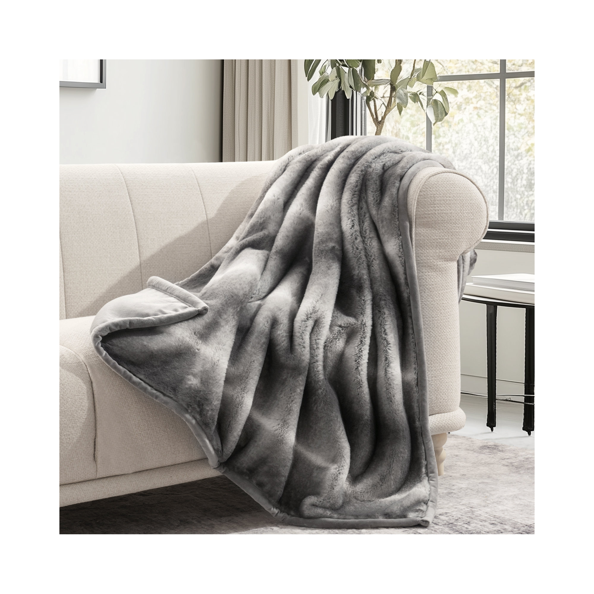 Luxury Mink Faux Fur Throw Blanket, 50" W x 60" L, Ombré Silver Onyx