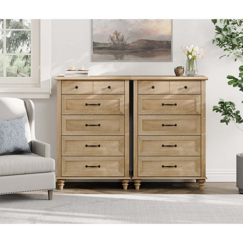 Commode double en bois manufacturé et solide à 10 tiroirs l 53,6 po Ciccarelli, Chêne clair