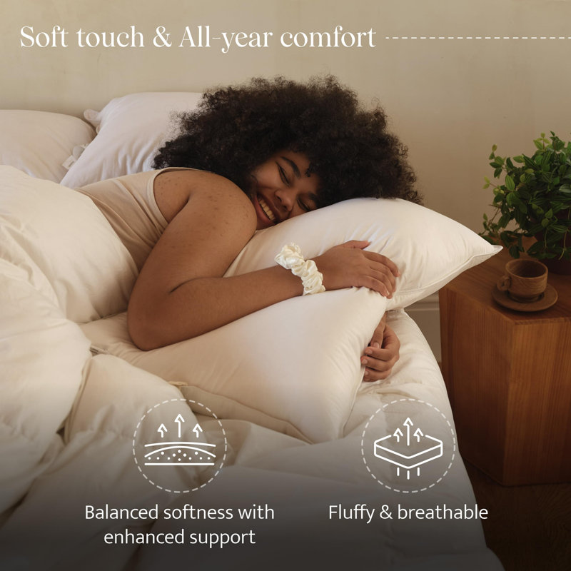 Double Stitch Luxury White Down Pillow with 100% Cotton Shell, Queen