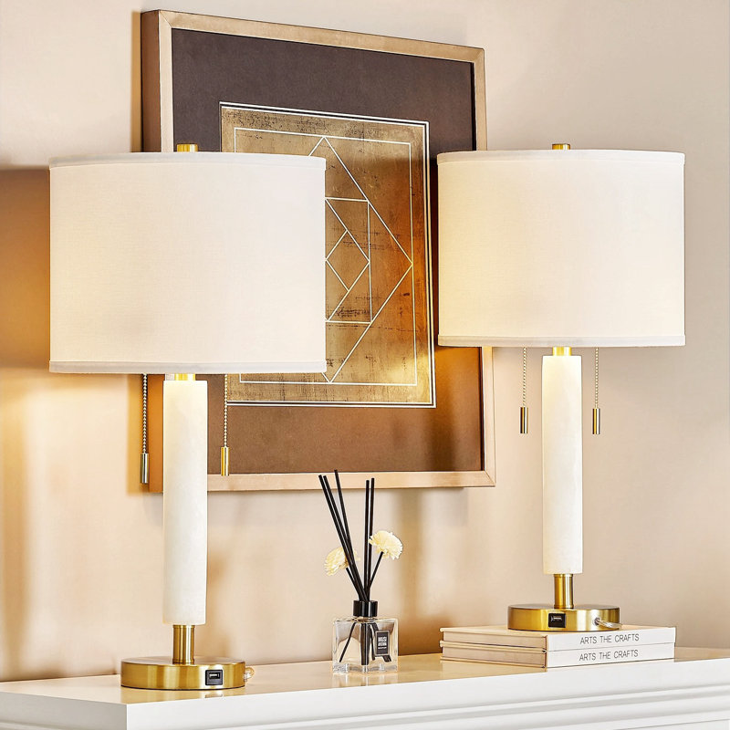 Shibata 26.25 in. White Gold Modern Metal Alabaster For Bedroom Living Room Bedside Desk Nightstand Table Lamp With White Linen Drum Shade And USB Port