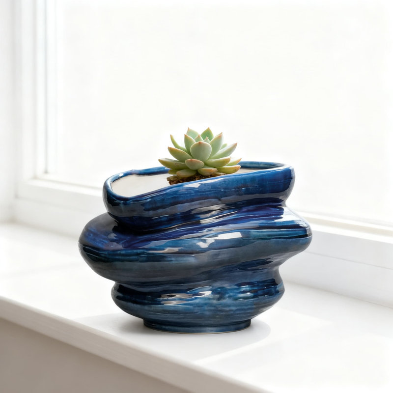 Ceramic Planter With Drainage Hole - 11 Inch Decorative Flower Pot For Indoor Outdoor Plants, Unique Layered Design For Home Office Garden Decor And Gift Giving