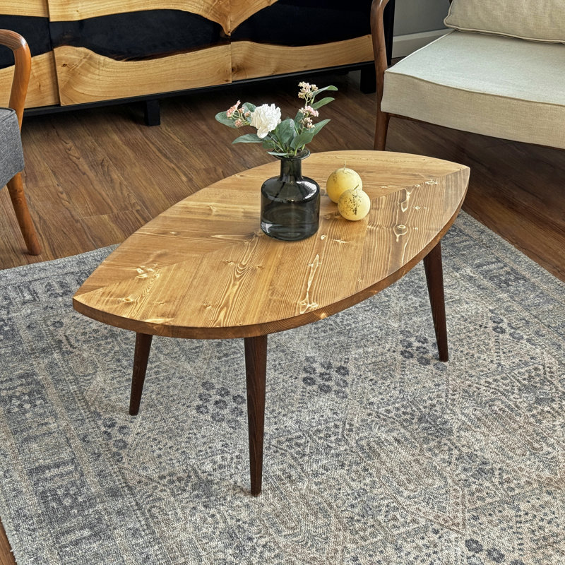 Leaf-Shaped Coffee Table with 4 Wooden Legs, 15" H X 39" L X 22" W