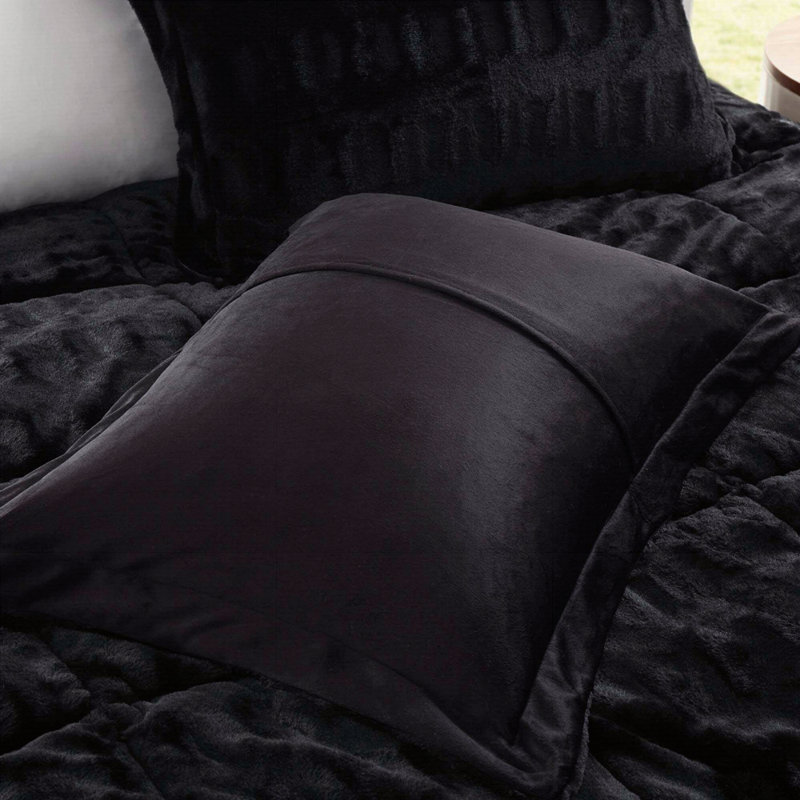 Mini ensemble d'édredon en fausse fourrure unie, Noir, California King Comforter + 2 Additional Pieces