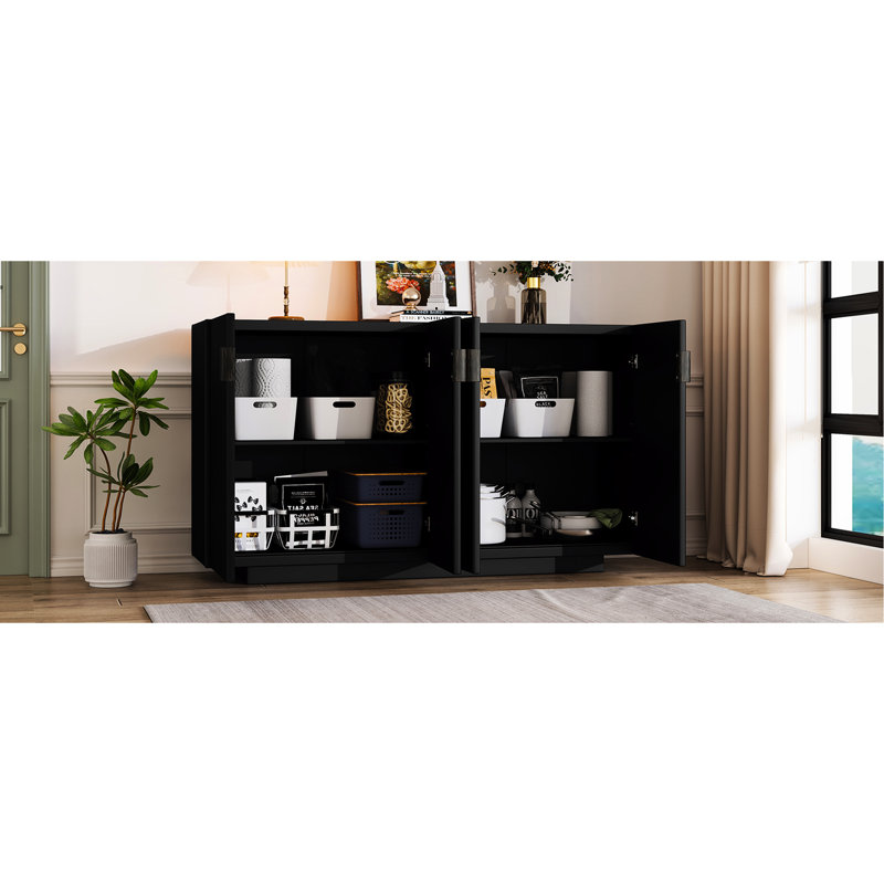 Buffet noir pour la salle à manger et le salon, 4 portes ondulées, de nombreux espaces de rangement, des tablettes réglables, un buffet matériel et de pièce, noir, de grands compartiments,