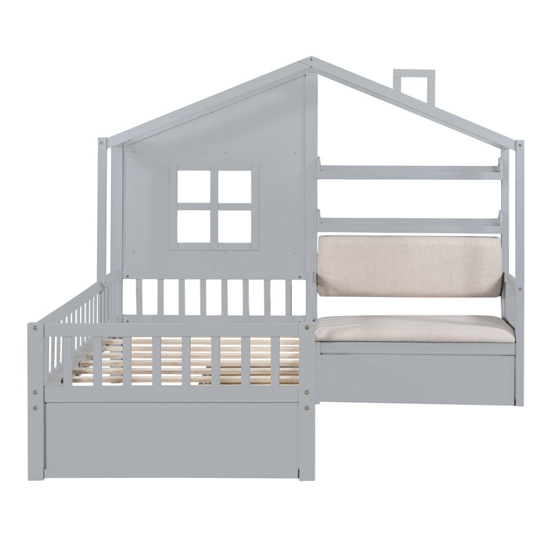 Lit simple simple avec canapé, lit plateforme pour enfants avec deux tiroirs et tablette de rangement, Gris