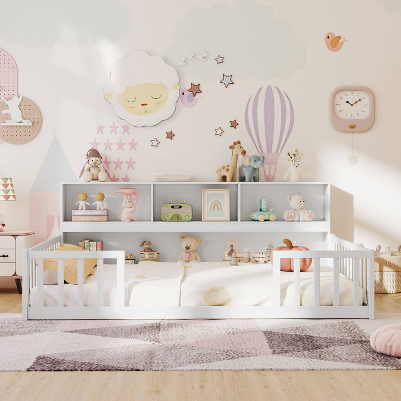 Montessori Floor Bed With Bookcase Storage Shelves & Safety Fence Rails, White, Full