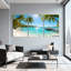 Scénario et paysages urbains, plage tropicale, palmiers, bateau à eau transparent, ensemble de 3 impressions sur toile-1125987267