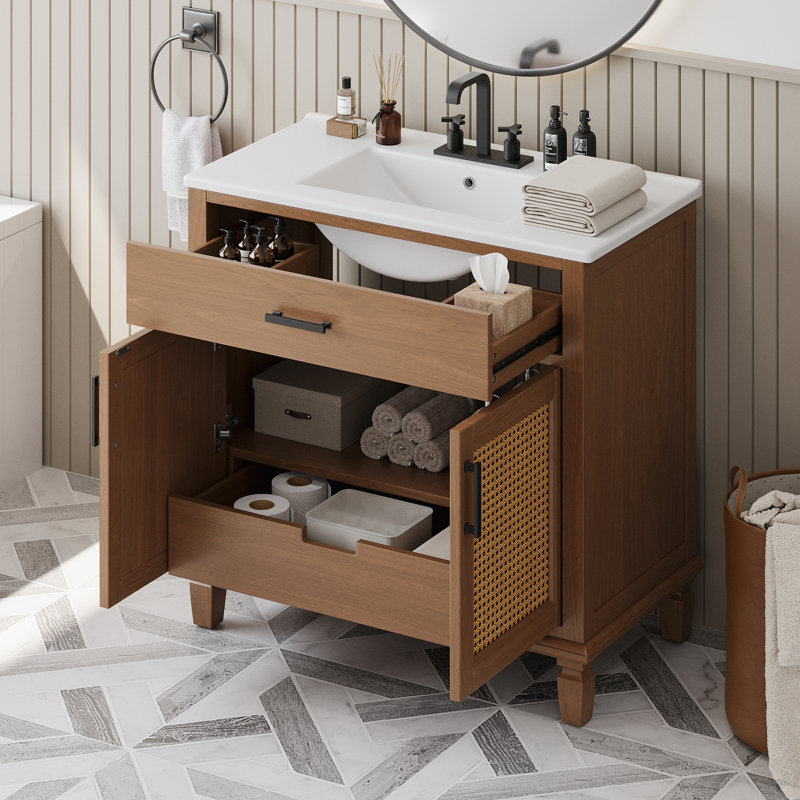 Meuble-lavabo en rotin avec lavabo en céramique, Brun