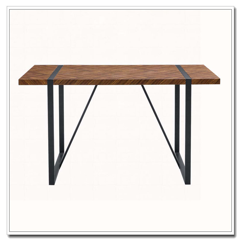 Table de salle à manger rectangulaire avec un dessus spécialement texturé et des pieds en métal noir, Brun