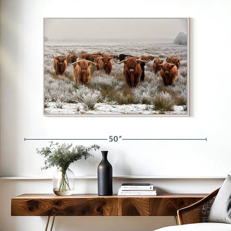 Winter Highland Cows, Floating Frame White, 40" X 27"