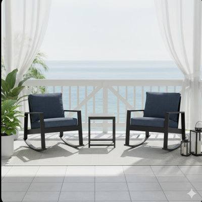Ensemble bistro en aluminium d'extérieur avec chaises berçantes surdimensionnées de 38 pouces de largeur et coussins bleus