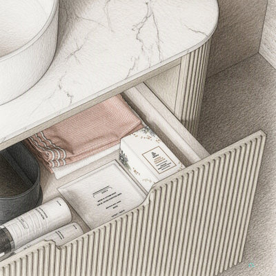 Meuble mural de 76 cm (30 po) avec comptoir et tiroir en marbre artificiel, sans lavabo ni robinetterie.