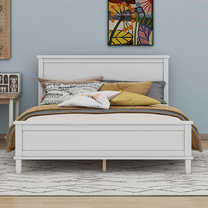 Grand lit plateforme en bois Mid-Century, Blanc, Double