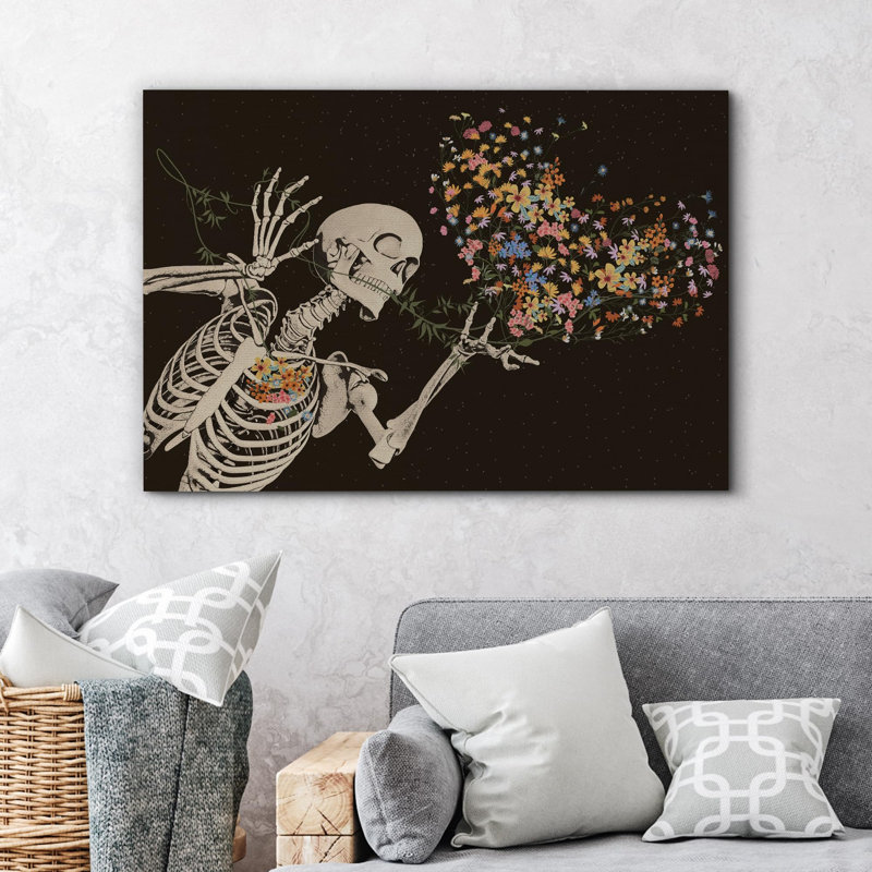 Moody Skull "Flowers For Love", impression d'art moderne sur toile encadrée, Toile tendue, H 32 po x l 48 po