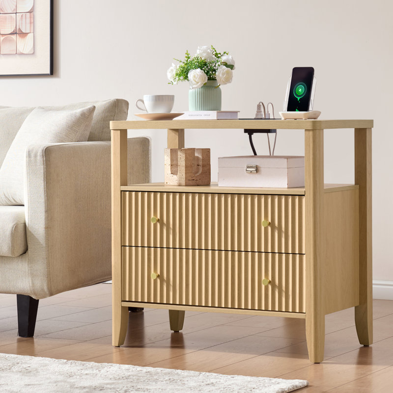 Overstreet Fluted Nightstand Set of 2 with Charging Station, 2-Drawer Bedside Tables with Open Shelf and Solid Wood Legs