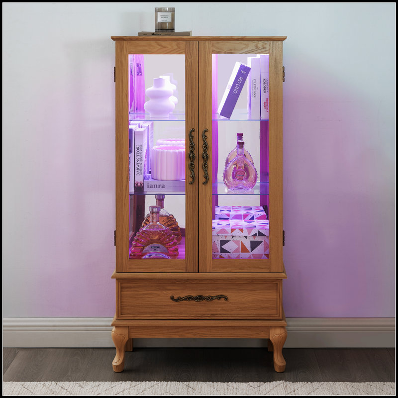 Vitrine lumineuse avec tablettes réglables, 2 portes et 1 tiroir - Présentoir en verre élégant pour les objets de collection et le rangement du vin