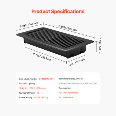 Grilles de ventilation au sol 4 x 10 pouces, paquet de 12, grilles de ventilation robustes en fer pour systèmes de chauffage, ventilation et climatisation (CVC), déflecteur de ventilation antirouille facilement réglable avec clapet anti-retour en métal, noir, idéal pour la maison et le bureau