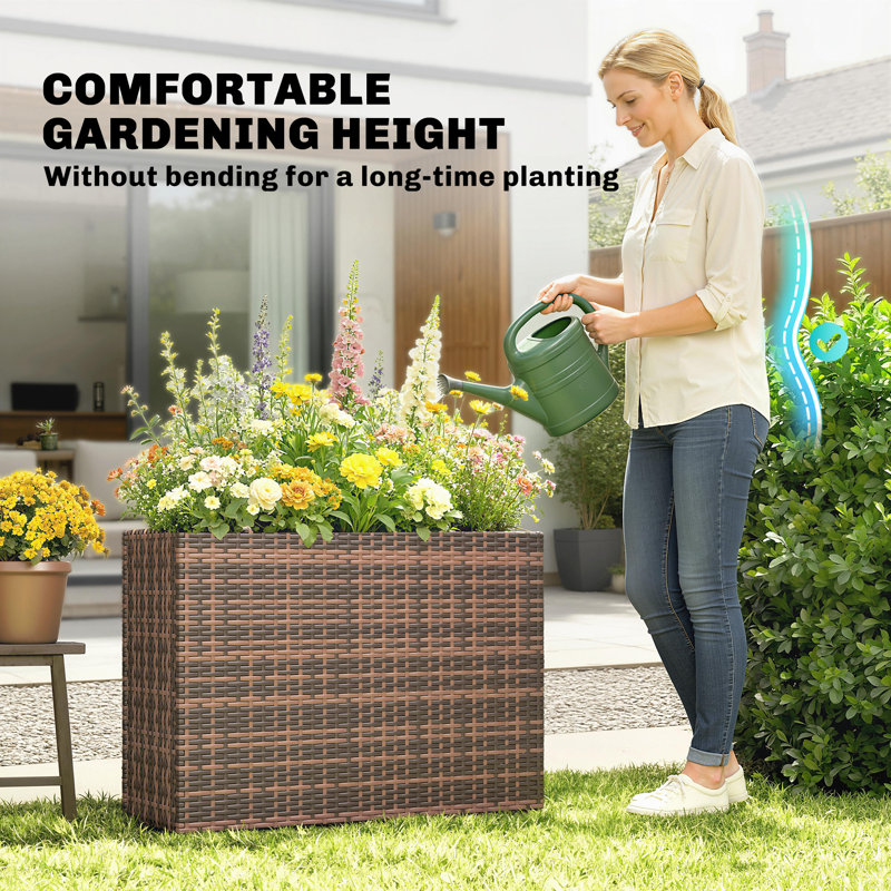 Raised Garden Bed with Adjustable Foot Pads for Patio, Balcony, PE Rattan Wicker Planter, Freestanding Steel Frame Rattan Planter Stand with Removable Liner for Flowers, Vegetables, Brown