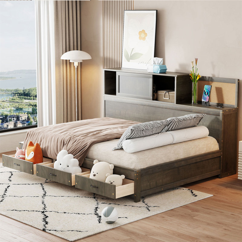 Wooden Daybed With 3 Storage Drawers, Upper Soft Board, Shelf, And A Set Of Sockets And USB Ports, Gray, Full / Double