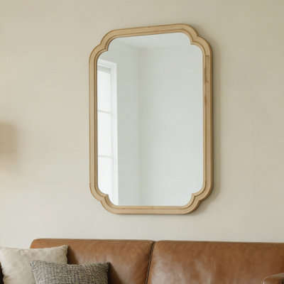 Miroir de coin rond en bois massif naturel 24 po x 36 po pour chambre à coucher, salle de bain, salon et entrée