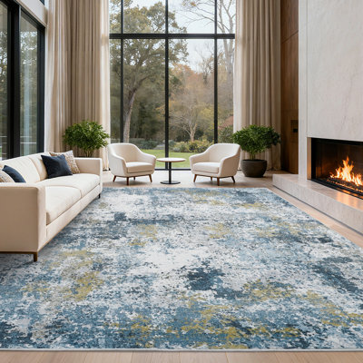 Tapis moderne abstrait 5 x 7 lavable pour le salon antidérapant, tapis contemporain d'intérieur, revêtement de sol à poils courts et sans perte de poils, tapis pliable mince et doux pour la salle à manger de la chambre de bébé, bleu