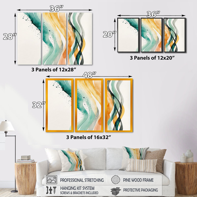 «Dohnovan Multi-Color Abstract Waves II», reproduction sur toile 3 pièces, H 28 po x l 36 po x P 1 po, Toile tendue
