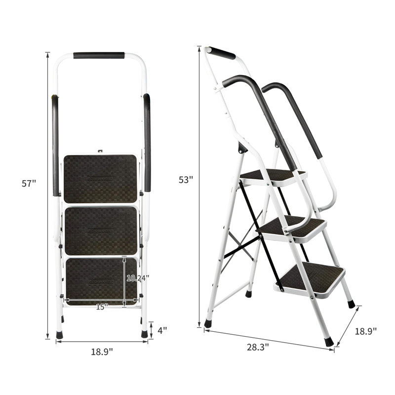 3 Step Stool Steel Folding Step Ladder With Handrail