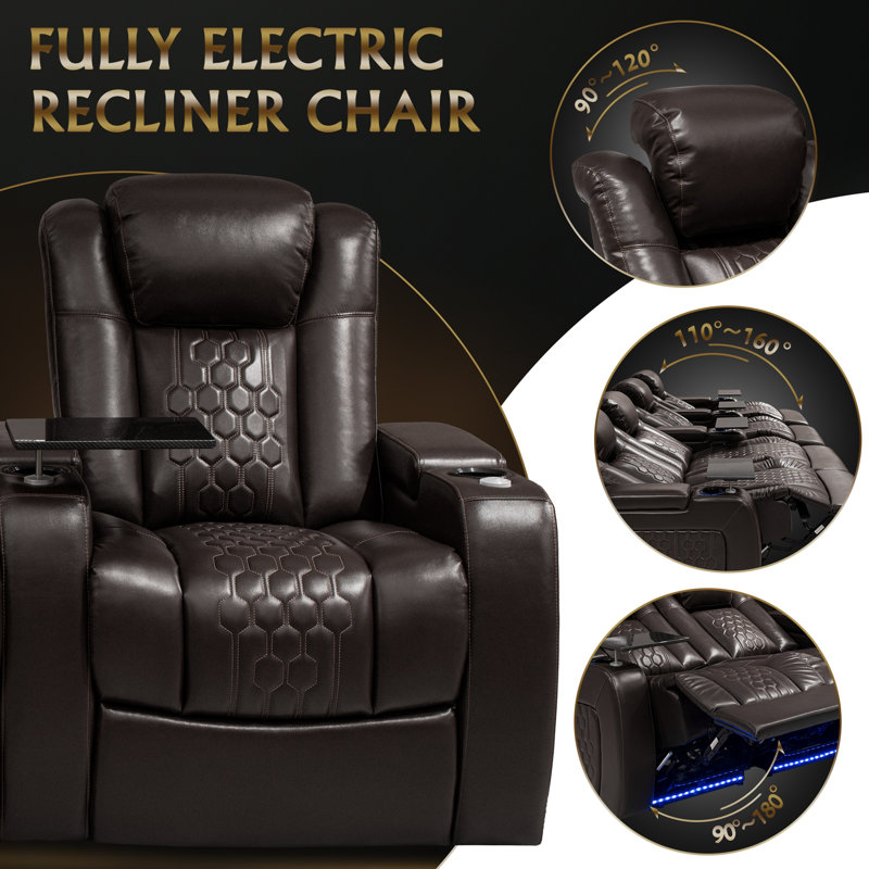 Power Recliner 4 PC Made WithTop-Grain Nappa,Fully Adjustable Relaxation,Smart Charging,Dynamic RGB LED Lighting, Coffee