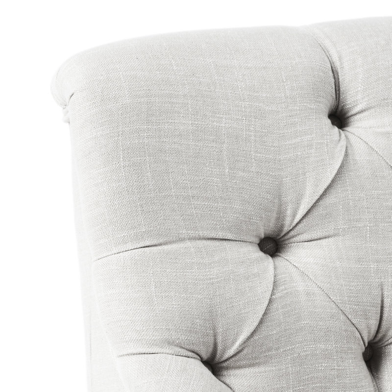 Upholstered Settee In Grey, Solid Birch Legs, Back Allurement Flared Wood Leg Elegance