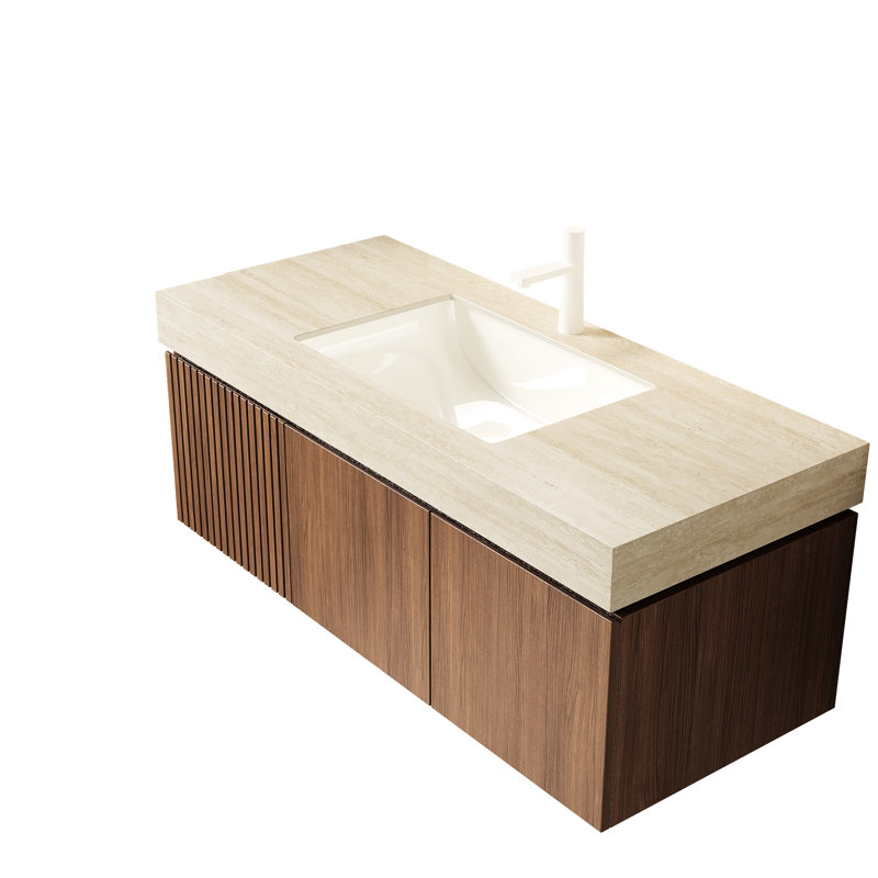 - Comptoir en pierre frittée à motif et lavabo rectangulaire encastré en céramique blanche, trou de robinet pré-percé simple, résistance à l'eau, conception de fuite standard d'une largeur de 18,93 po,