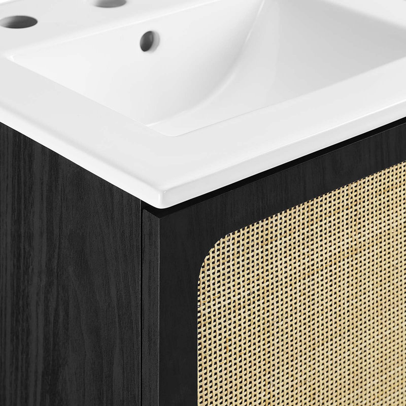 Chaucer 18" Black Wood and Rattan Bathroom Vanity with Ceramic Basin