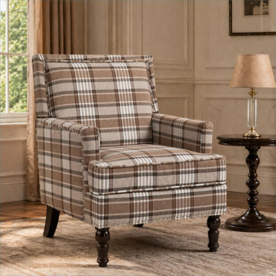 Fauteuil d'appoint vintage rembourré, fauteuil en lin rayé bleu ciel et blanc cassé avec garniture cloutée pour salon, siège pour adulte