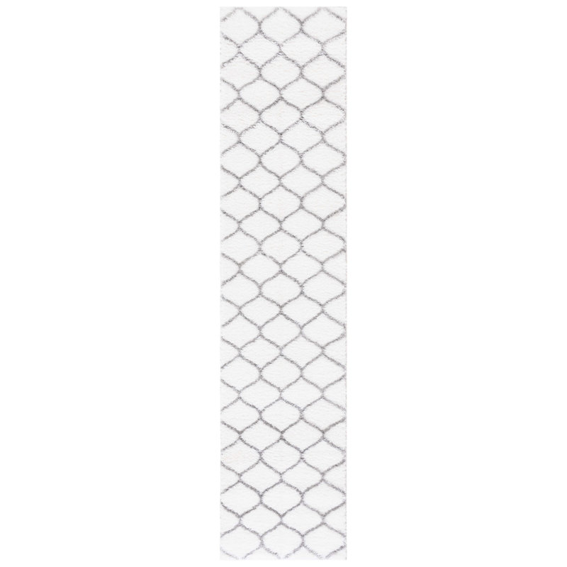 Tapis géométrique tissé à la machine blanc / gris, Tapis de couloir 2 pi x 9 pi