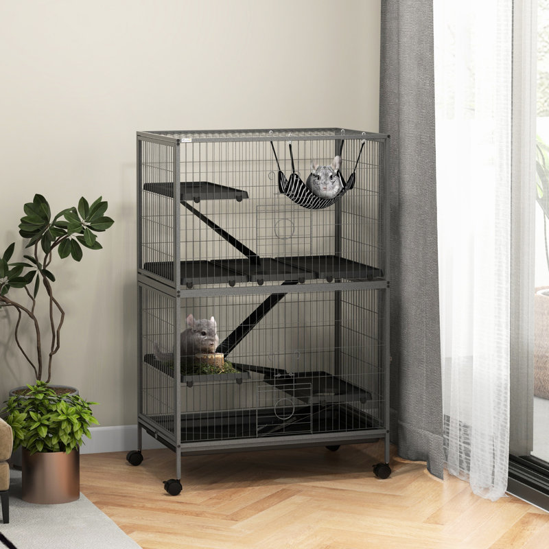 Cage à 5 furets et chinchilla avec 50 portes, 4 portes, plateau amovible, acier, gris