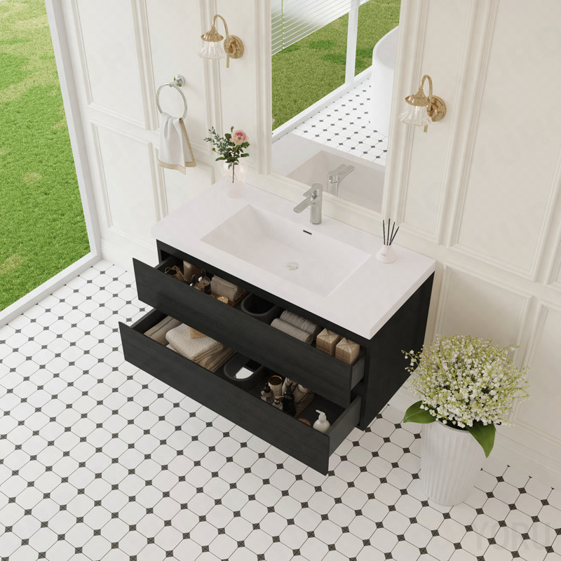 Meuble-lavabo mural 42 po avec lavabo, meuble de rangement mural avec lavabo à surface solide et tiroirs à fermeture en douceur entièrement assemblés, bois espresso
