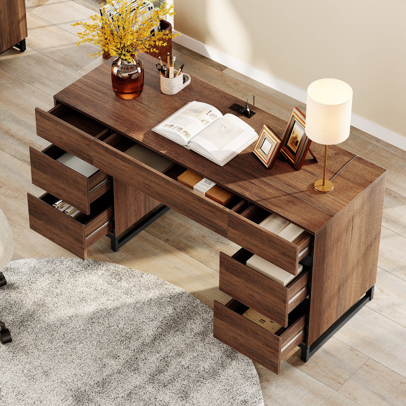  Office Furniture Set: 59In Modern Executive Desk With Charging Station & Drawers And Two 72In Tall Bookcases With 3 Tiers And 4 Cabinets,Home Office Furniture For Work Study