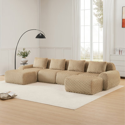 146" Modern U-Shaped Modular Sectional Sofa For Living Room,Flannelette Fabric,Oversized 4-Seater Couch,Boneless Sofa,Movable Ottoman,Buckle Connection,Anti-Slip Design,No Assembly