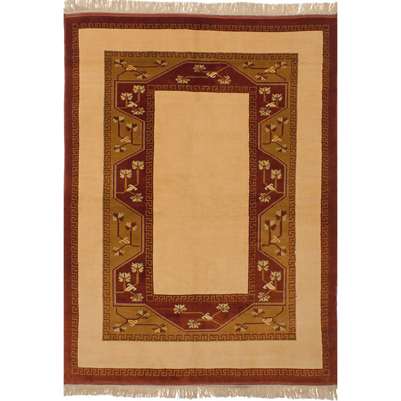 Tapis unique en laine noué à la main ivoire de 5 pi 9 po x 8 pi 6 po Raabia