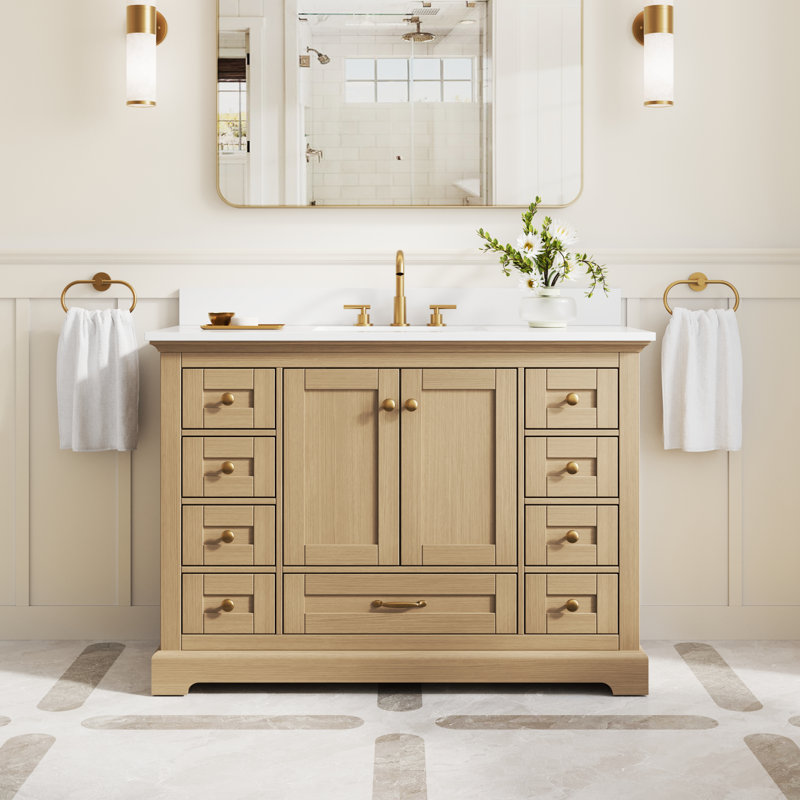 Freestanding Bathroom Vanity With Cultured Marble Countertop And Sink, 48'', Gold, Oak