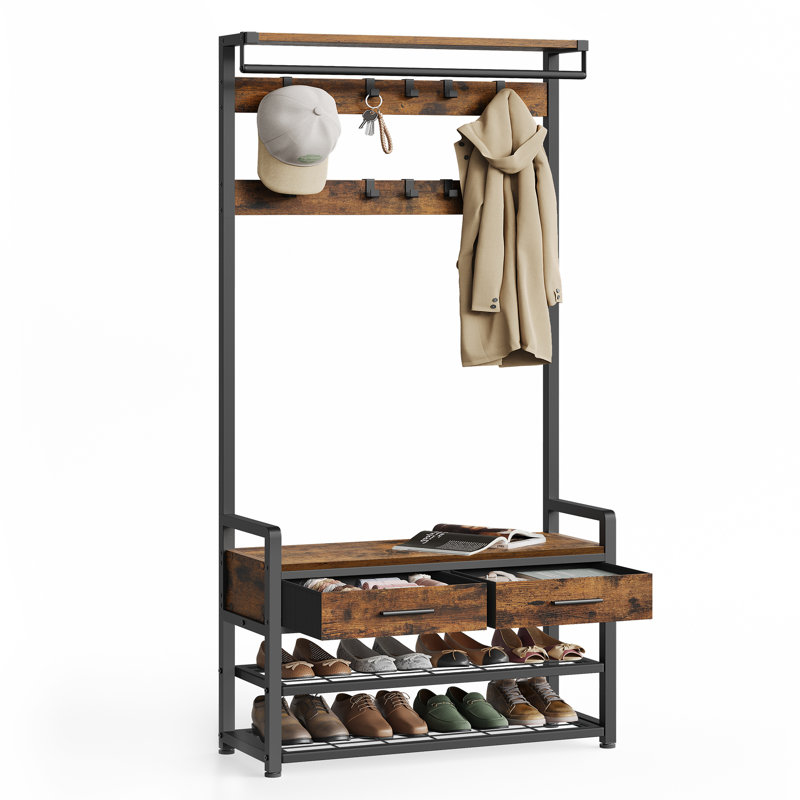 Hall Tree With Bench And Shoe Storage, Vintage Brown/Ink Black