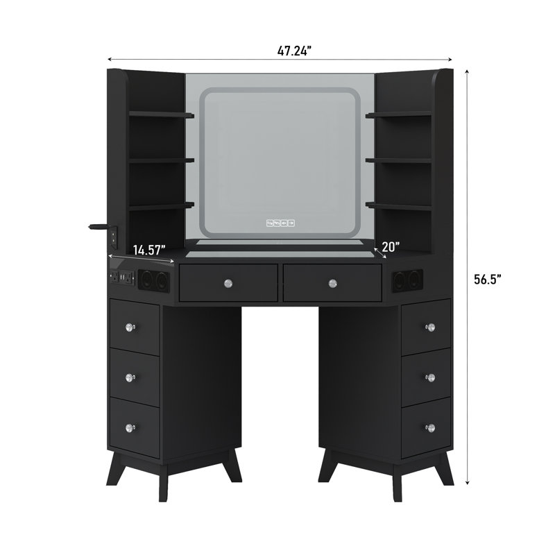 Corner Jamair Desk With Bluetooth Speaker, Modern Makeup Jamair With Mirror And Lights, 3 Color Lighting Modes, 8 Drawers And 6 Shelves Jamair Set, Glass Top Dressing Table With Chair For Bedroom