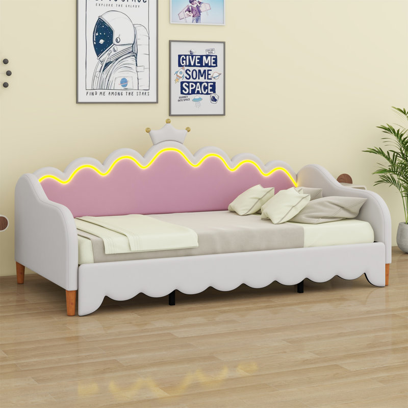 Extending Daybed With LED Lights, Modern Upholstered Daybed With Crown Headboard, White