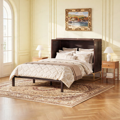 Grand lit escamotable Murphy avec portes en bois, faux tiroirs, pieds en métal, espresso