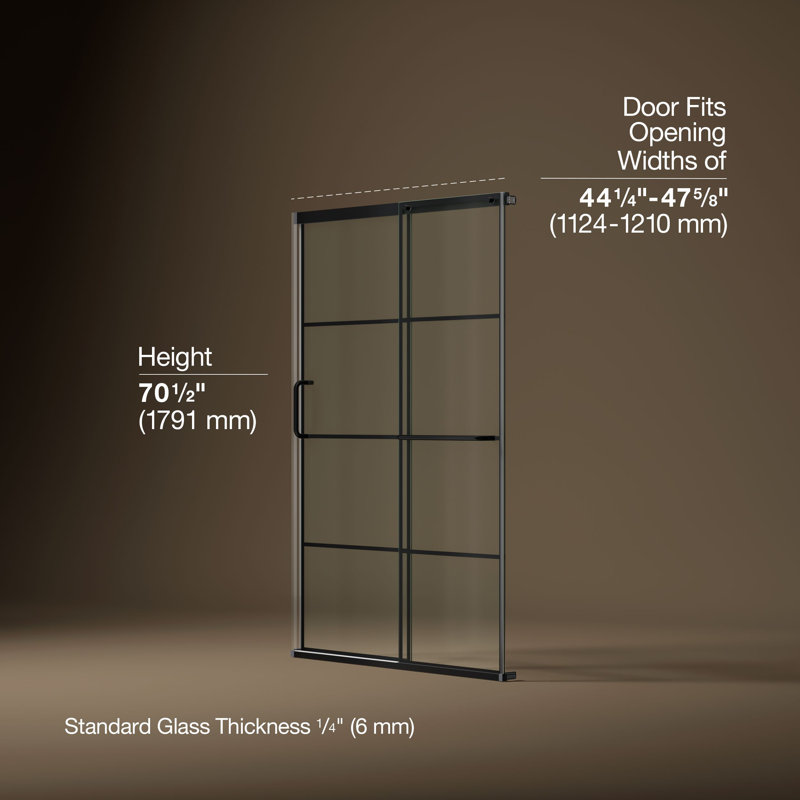 Elate Sliding Shower Door, 70-1/2-In H X 44-1/4 - 47-5/8-In W, With 1/4-In Thick Crystal Clear Glass With Rectangular Grille Pattern