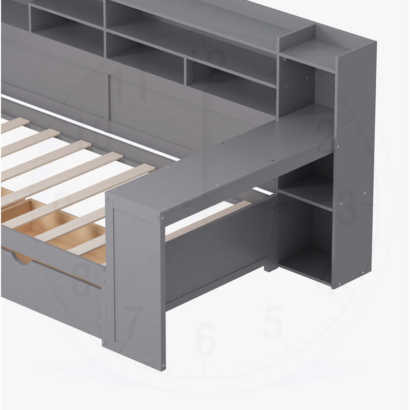  Wooden Daybed with Storage Shelves, Drawers, and Study Desk for Multi-functional Use, Gray, Twin