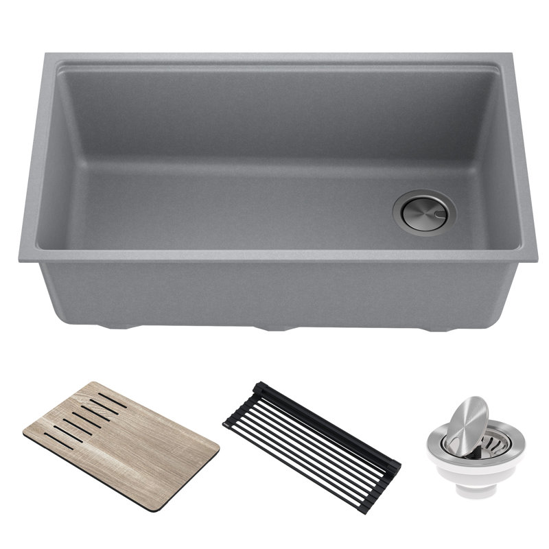 Évier de cuisine à simple cuve en composite à quartz encastrable avec accessoires Kraus Bellucci, Gris métallisé