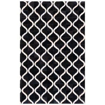 Elsey Geometric Handmade Leather Area Rug in Black/Beige