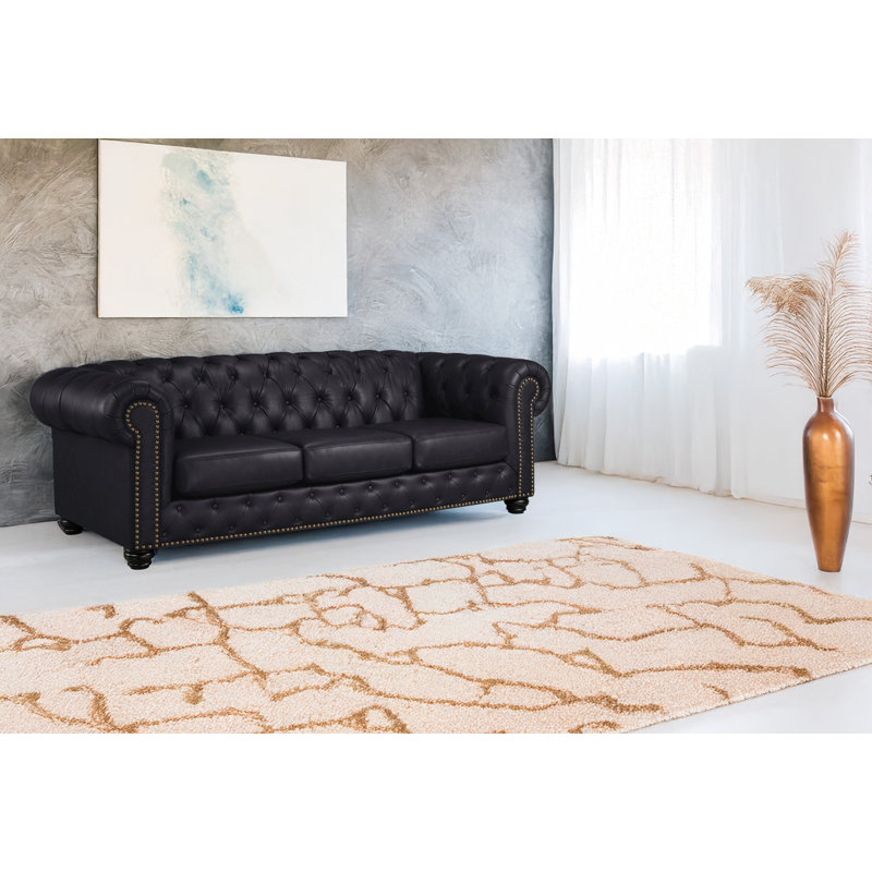 Orner 93" Leather Rolled Arm Chesterfield Sofa, Black Leather Match